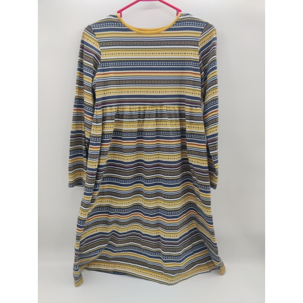 Lands End Girls Size 14 Yellow Navy Striped Cotton Empire Waist Dress